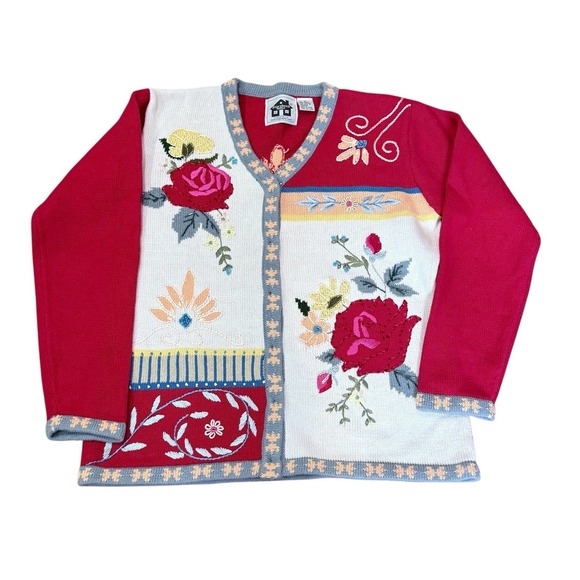 Storybook Knits Sweaters - Storybook Knits Patchwork Colorful Sweater Cardigan Sz M Embroidered Floral